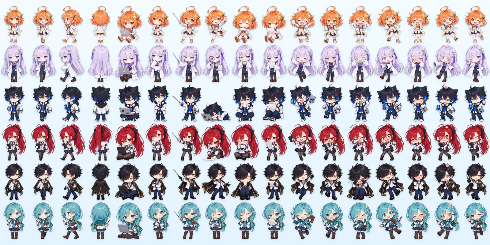 Chibi pose sheet for all six members