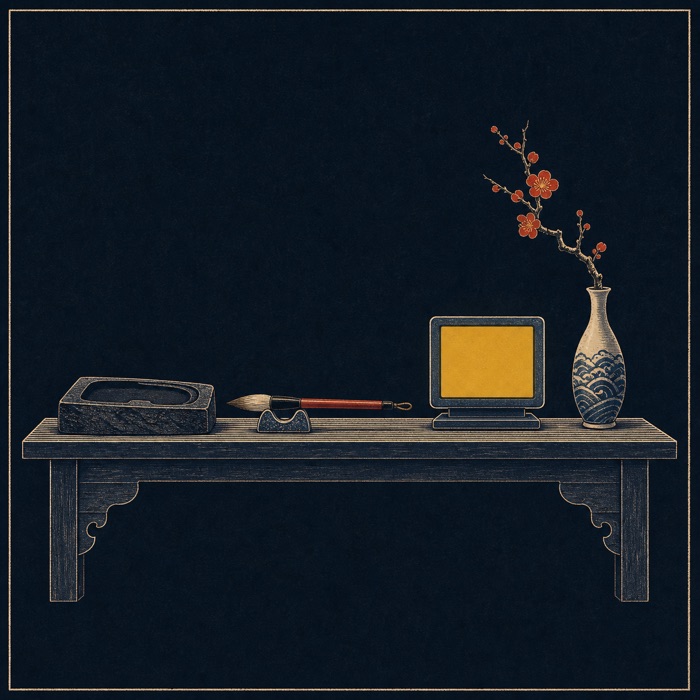 A scholar's desk with inkstone, brush and a glowing terminal