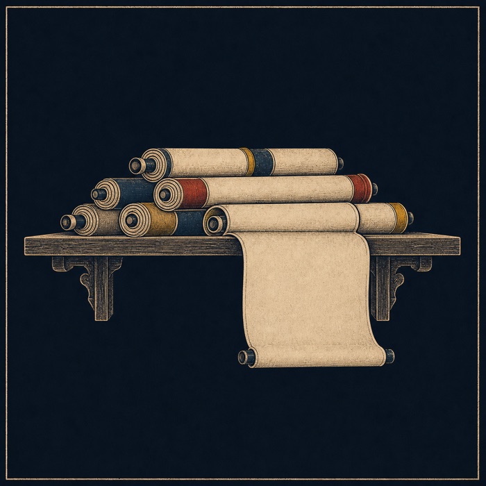 A woodblock shelf of rolled scrolls